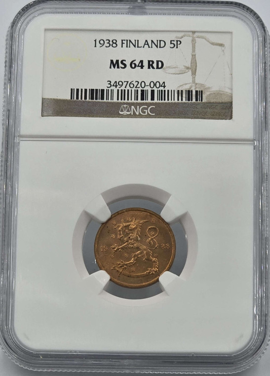 Finland Nicholas II 5 Pennia 1938 NGC MS64 RD Top Pop