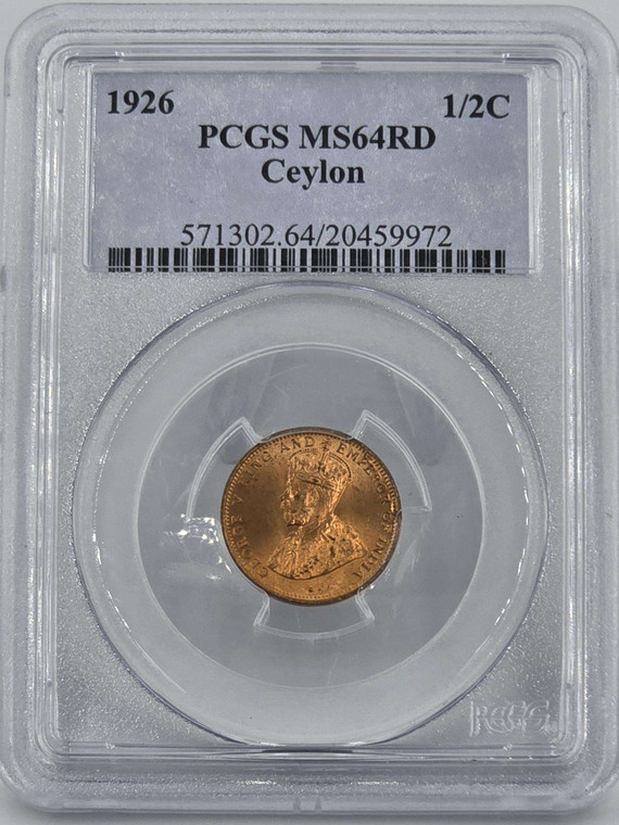 Ceylon 1/2 half Cent 1926 KGV Red UNC coin PCGS MS64 RD