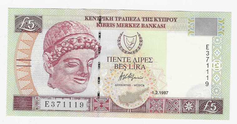 CYPRUS 5 POUNDS 1997 BANKNOTE IN CRISP UNC p58