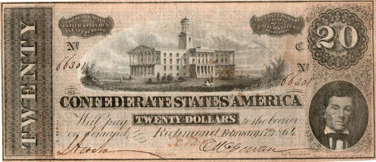 USA 1864 $20 Confederate States of America Richmond Banknote
