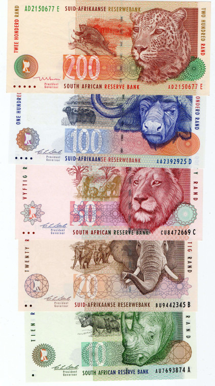 SOUTH AFRICA 1999 - 2005 BIG FIVE COMPLETE ANIMAL SET 200 100 50 20 10 RAND UNC P127b P131 - P128