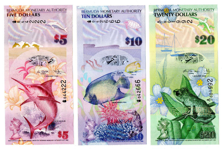 BERMUDA 2009 ANIMAL SET 3 BANKNOTES 20 10 5 DOLLARS UNC P60 P59 P58