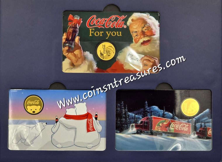 Coca Cola Christmas 1/1000 Oz .999 Gold 3 coin cards Album