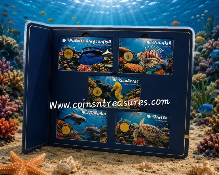 Ocean Fish collection 1/1000 Oz .999 Gold 5 coin cards in Album