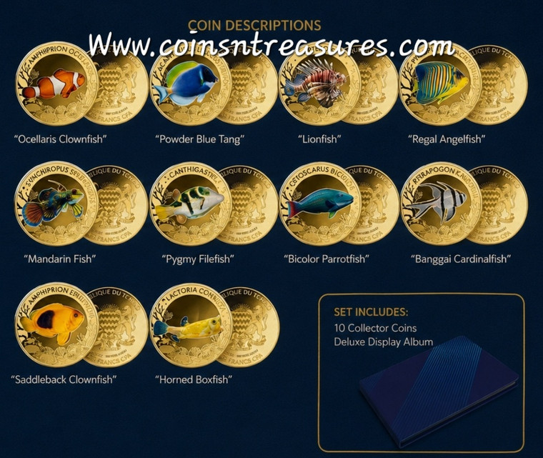 THE MOST INTERESTING CORAL FISH 10 Coins Complete collection 1/1000 999 Gold