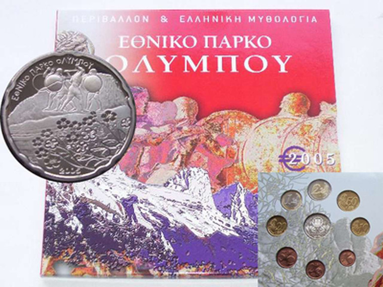 GREECE 2005 COMPLETE YEAR EURO SET + 5 EURO SILVER .925 IN OFFICIAL COIN BLISTER MOUNT OLYMBUS