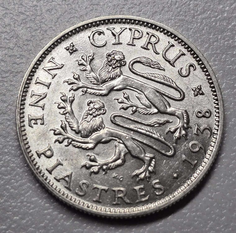 CYPRUS SILVER 9 PIASTRES COINS 1938 AU