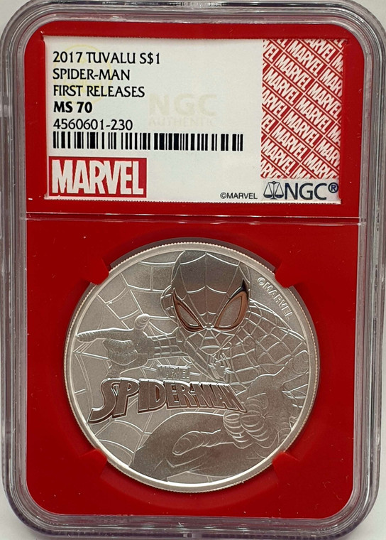 TUVALU 2017 SILVER 1 OZ MARVEL SPIDERMAN NGC MS70 FIRST RELEASE LIMITED EDITION RED