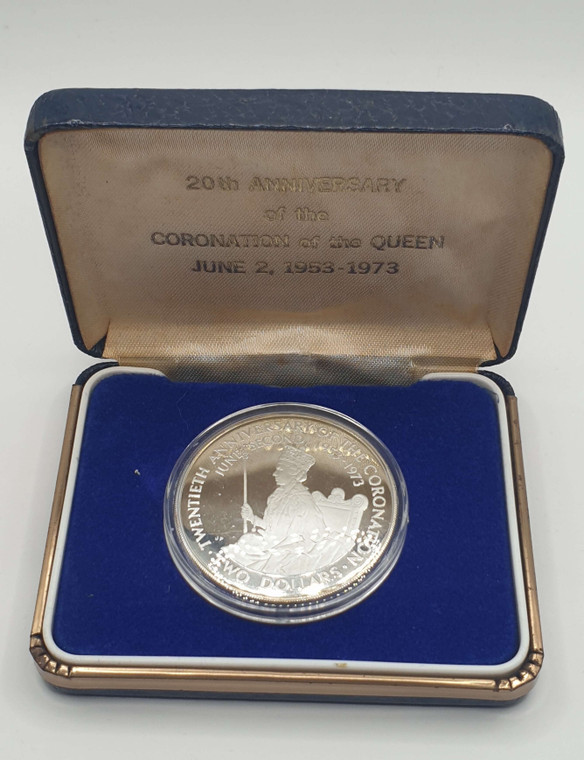 COOK ISLANDS 1973 2 DOLLARS SILVER PROOF QUEEN ELIZABETH II CORONASION 20th ANNIVERCARY