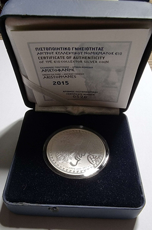 GREECE 2015 SILVER PROOF COIN 10 EURO GREEK PHILOSOPHERS SERIES '' ARISTOPHANES ''