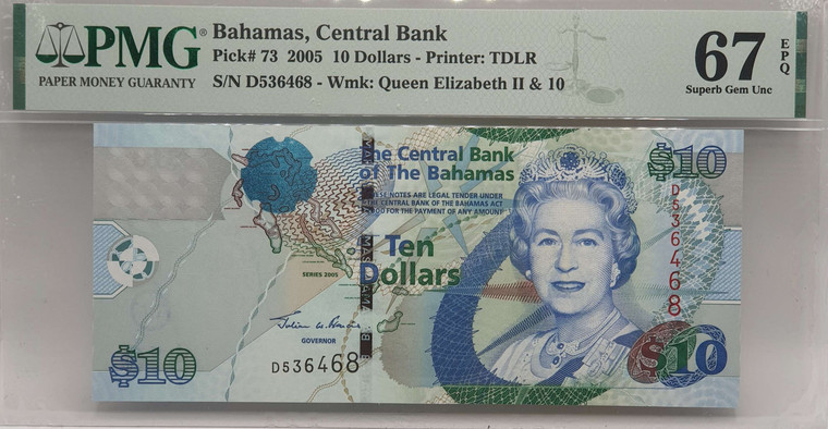 BAHAMAS 2005 10 DOLLARS QEII P73 PMG 67 EPQ