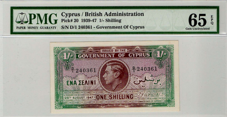 CYPRUS 1 SHILLING 1947 KGVI GEM UNC PMG 65 EPQ p20