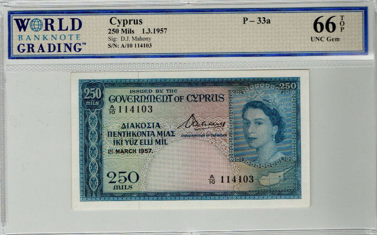 CYPRUS 250 MILS 1957 QEII GEM UNC WBG 66 TOP p33a QUEEN ELIZABETH II
