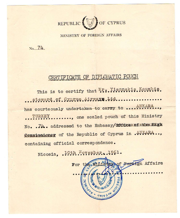CYPRUS 1961 OFFICIAL CERTIFICATE OF DIPLOMATIC POUCH DOCUMENT