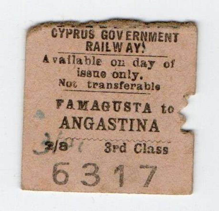 CYPRUS GOVERMENT RAILWAY TICKET 1905-1951 FAMAGUSTA TO ANGASTINA 3d CLASS