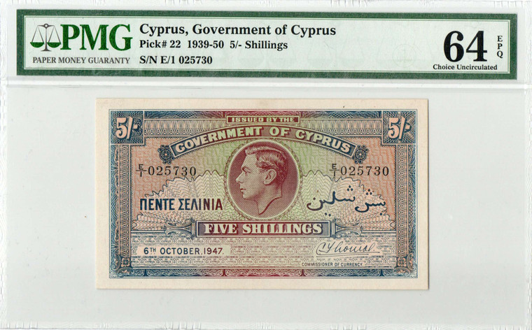 CYPRUS 5 SHILLING 1947 KGVI GEM UNC PMG 64 EPQ p22