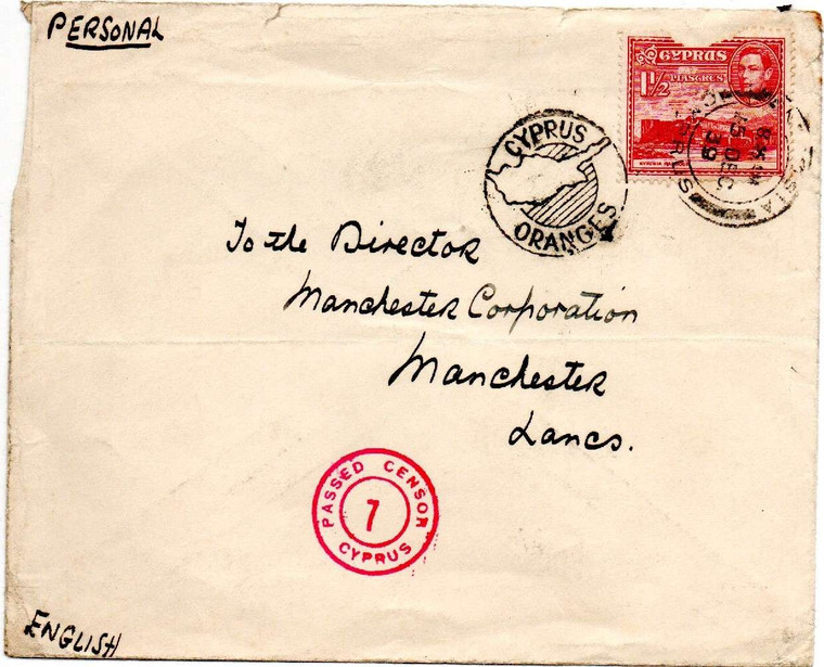 CYPRUS POSTAL HISTORY - KGVI 1939 CENSORED PASSED CENSOR 7 COVER CYPRUS TO ENGLAND