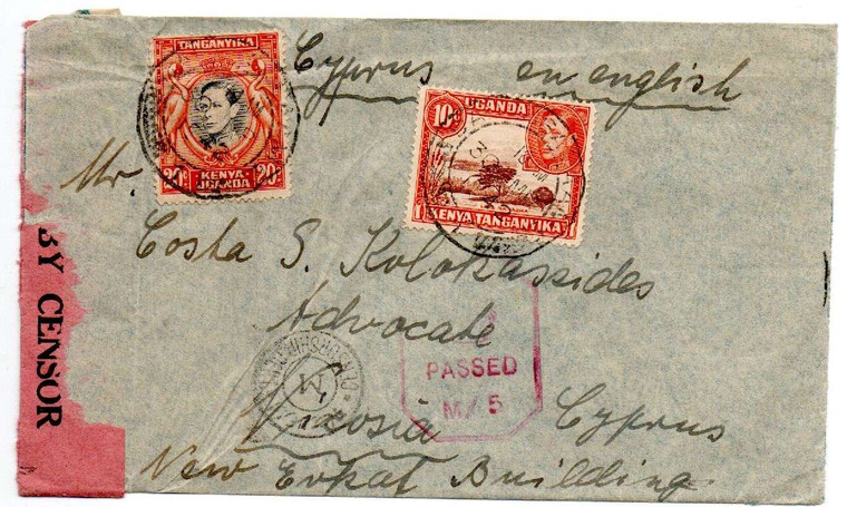 CYPRUS POSTAL HISTORY - KGVI 1942 CENSORED OPEN BY EXAMINER CENSOR M/5 KENYA UGANDA TANGANYIKA TO CYPRUS