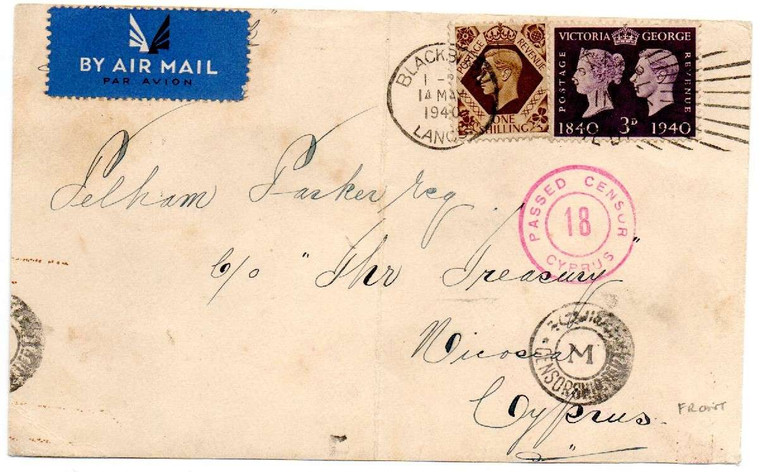 CYPRUS POSTAL HISTORY - KGVI 1940 CENSORED OPEN BY EXAMINER CENSOR 18 KENYA ENGLAND TO CYPRUS