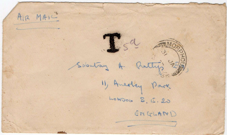 CYPRUS POSTAL HISTORY - 1931 AIRMAIL CYPRUS MORPHOU TO ENGLAND TAX STAMP TAXED