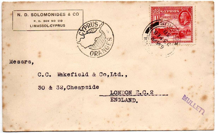 CYPRUS POSTAL HISTORY - KGV 1938 CYPRUS TO ENGLAND SLOGAN CYPRUS ORANGES