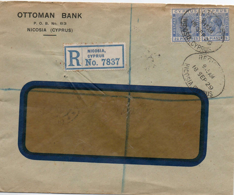 CYPRUS POSTAL HISTORY - KGV 1929 OTTOMAN BANK OF CYPRUS TO PRAHA REGISTERED
