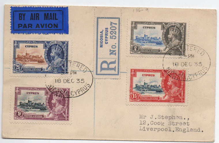 CYPRUS POSTAL HISTORY - KGV 1935 REGISTERED LETTER FDC FROM CYPRUS TO ENGLAND