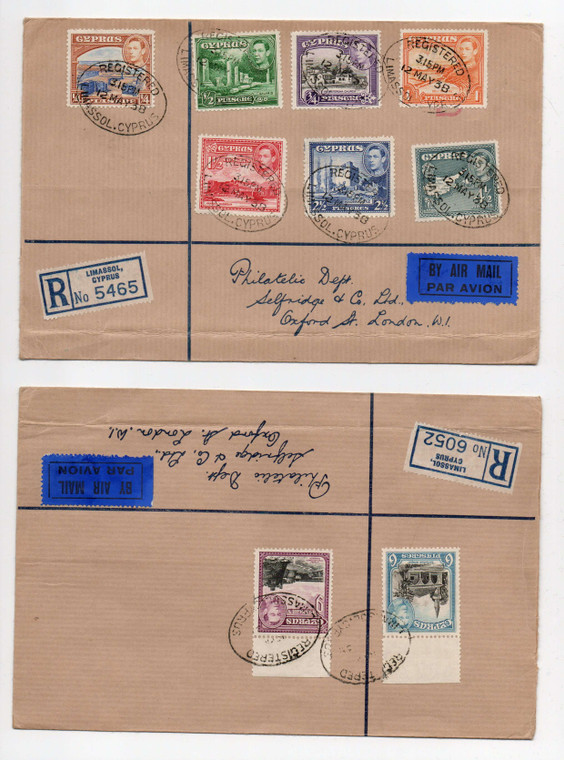 CYPRUS POSTAL HISTORY - KGVI 1938 2 REGISTERED LETTER COVERS FDC 9 STAMP VALUES