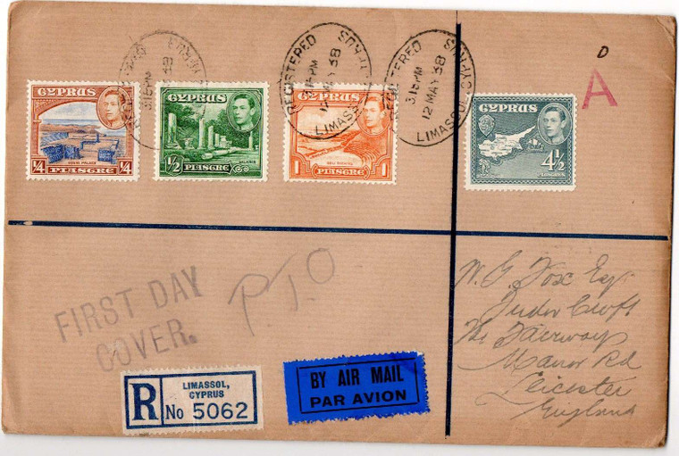 CYPRUS POSTAL HISTORY - KGVI 1938 REGISTERED LETTER COVER FDC 4 STAMP VALUES