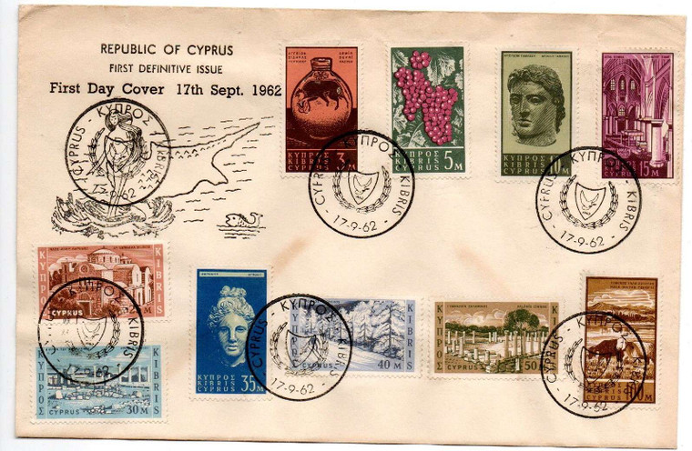 CYPRUS POSTAL HISTORY - 1962 FDC 10 STAMP VALUES