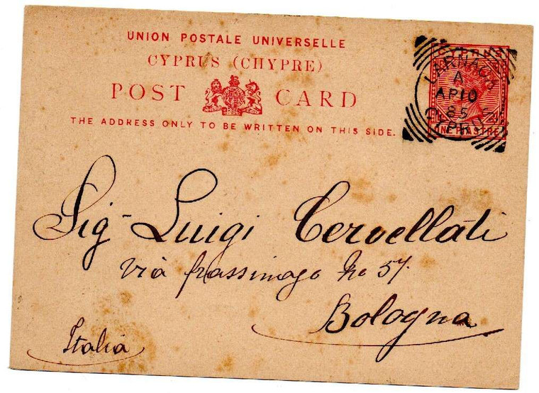 CYPRUS POSTAL HISTORY - QUEEN VICTORIA 1885 LARNACA TO BOLOGNA ITALY POST CARD