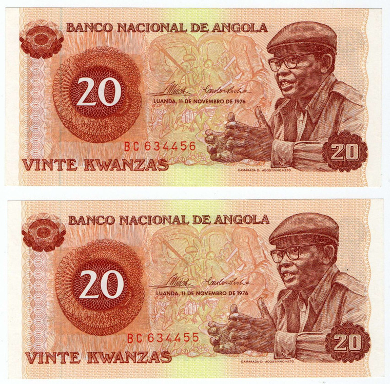 AFRICA ANGOLA 2 CONSECUTIVE 20 KWANZAS 1976 BANKNOTES UNC