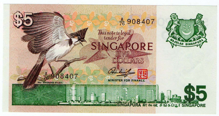 SINGAPORE 5 DOLLARS 1976 UNC BANKNOTE BIRD SERIES