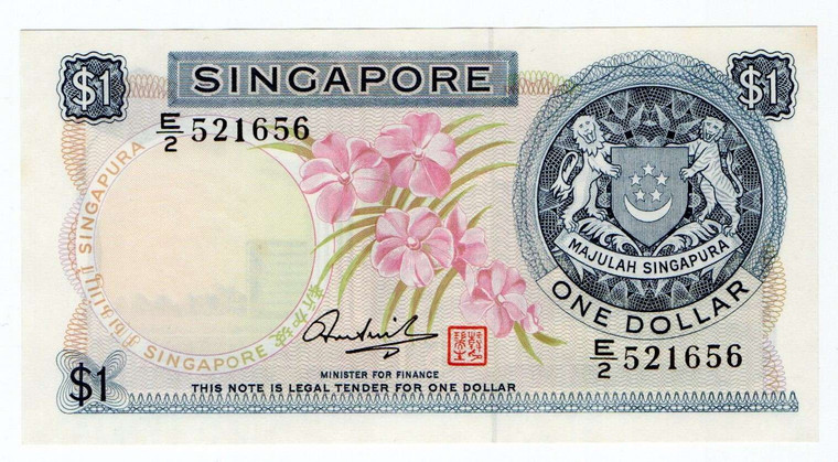 SINGAPORE 1 DOLLAR 1972 UNC BANKNOTE ORCHID FLOWER SERIES