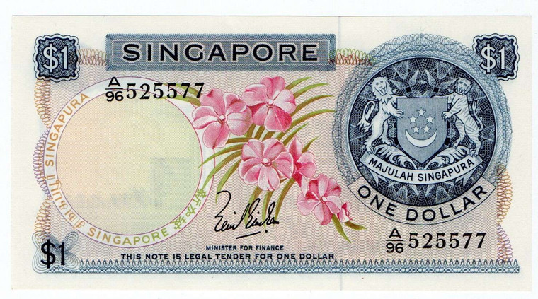 SINGAPORE 1 DOLLAR 1967 UNC FIRST ISSUE BANKNOTE ORCHID FLOWER SERIES