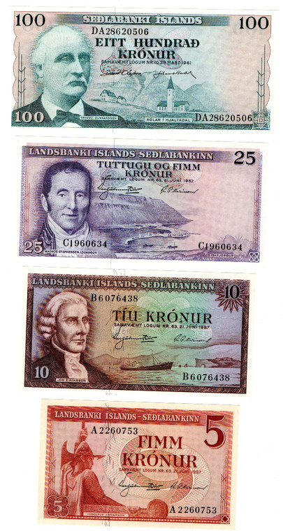 ISLAND SET OF 100 25 10 5 KRONUR BANKNOTES 1957-1961 P37 , P38 , P39 , P44 UNC