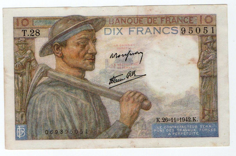 FRANCE 1942 10 FRANCS P99 BANKNOTE EXF