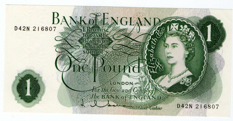 GREAT BRITAIN BANK OF ENGLAND 1 POUND 1962 P374 BANKNOTE QEII UNC