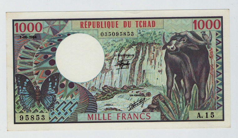 REPUBLIC OF CHAD 1000 FRANCS 1984 p7 WATER BUFFALO TCHAD BANKNOTE AU
