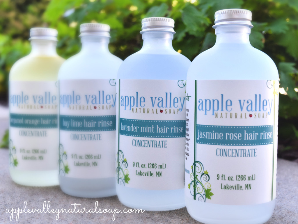 Citric Acid Hair Rinses in 4 varieties: Bay Lime, Lavender Mint, Jasmine Rose, and Bergamot Orange - from  Apple Valley Natural Soap