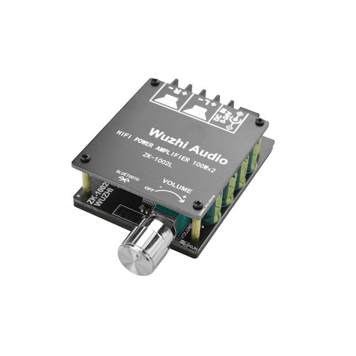 High power Bluetooth stereo amplifier board with Bluetooth 5.0, 100W x 2 output, volume control, and integrated heatsink