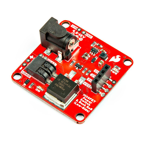 SparkFun MOSFET Power Switch and Buck Regulator (Low-Side) - a rectangular circuit board with a barrel jack, LEDs, and various connectors.