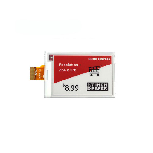 2.7-inch 264x176 E-Ink Screen E-Paper Display with tri-color functionality, showcasing black, white, and red colors, rapid update capabilities, and wide viewing angles.