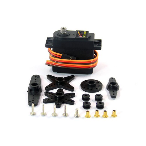 FT5118M 7.4V 17kg 280° Digital Servo Motor with steel gears, 280-degree rotation, and PA+Fiberglass case.