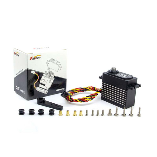 FT935BL 7.4V 35Kg 180° Brushless Servo Motor with titanium gears in aluminium casing, ideal for robotics and industrial automation.