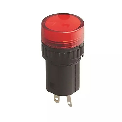 16MM red LED indicator light with solder terminal for 12V DC systems in dashboards, control panels, and equipment enclosures.