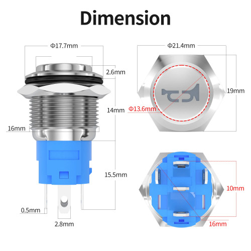 16MM horn push button switch with 5-pin terminal and momentary action for automotive and marine horn circuits