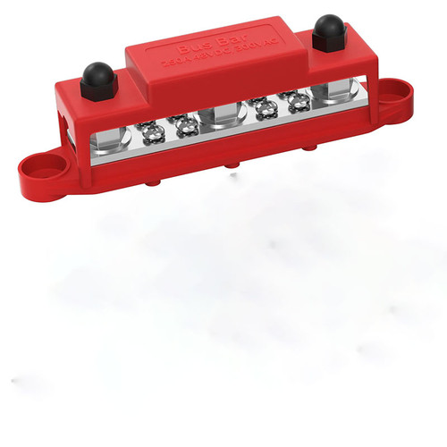 Red power distribution bus bar with 3 M8 studs and 10 screw terminals for DC positive wiring in automotive and solar systems.