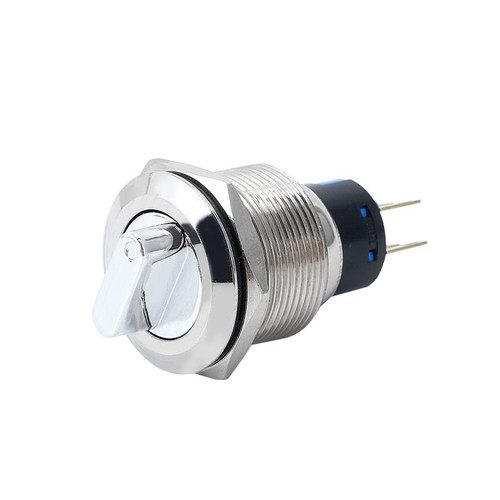 19mm 3-pin latching metal push button rotary switch for single pole power control in automotive and industrial systems.