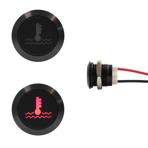 16MM metal temperature warning indicator LED with wire leads and laser-etched symbol for dashboards and safety systems.